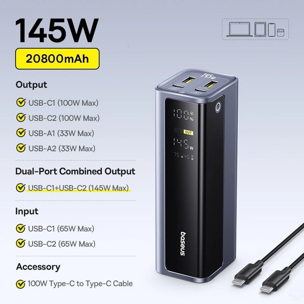 Baseus 145W Power Bank 20800mAh PD 100W Fast Charge For Laptops Phones Steam Deck 6