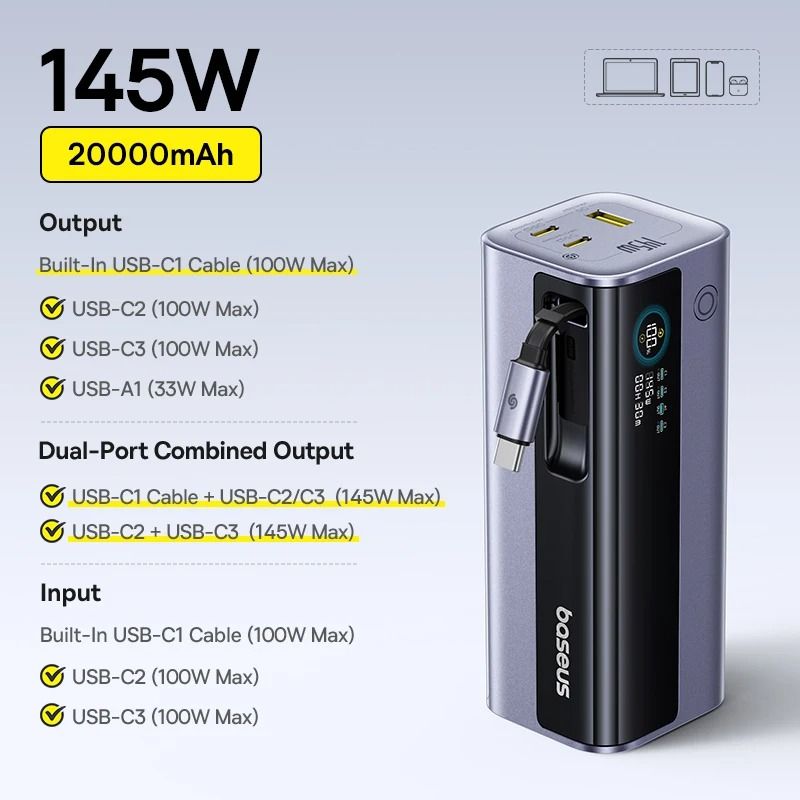 Baseus 145W Power Bank 20800mAh PD 100W Fast Charge For Laptops Phones Steam Deck 7