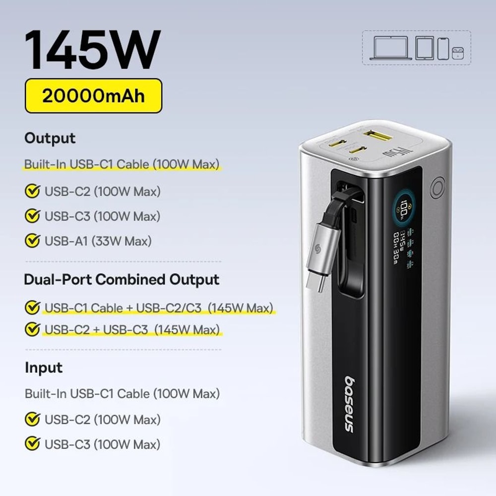 Baseus 145W Power Bank 20800mAh PD 100W Fast Charge For Laptops Phones Steam Deck 8