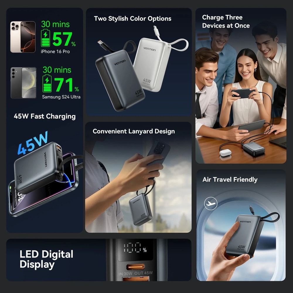 Vention 45W 20000mAh Fast Charging Power Bank 3C Portable Charger For IPhone Samsung Xiaomi 3
