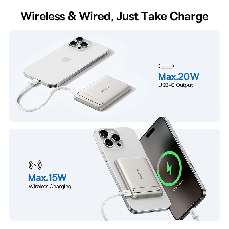 Baseus Qi2 Magnetic Power Bank With Kickstand 5000mAh PD 20W Wireless Fast Charger For IPhone Sam 2