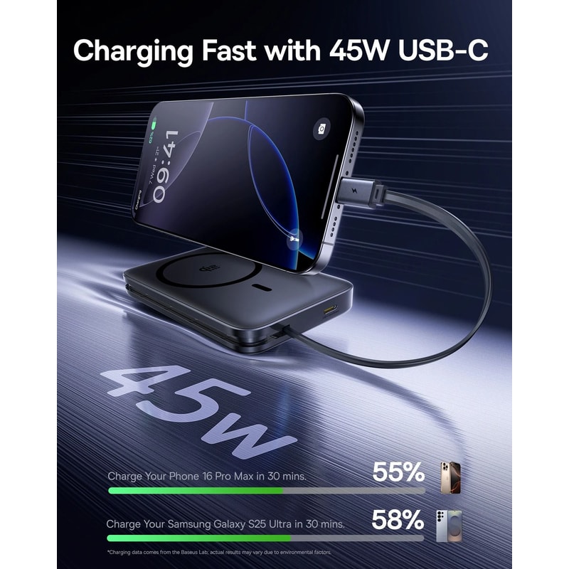 Baseus 45W Qi22 Magnetic Power Bank 10000mAh Wireless Fast Charger With BuiltIn USBC Cable 2