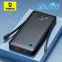 baseus 22.5w power bank – 10000mah portable charger with dual built-in cables for iphone 16 & 15 pro max