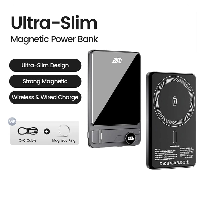 10000mAh UltraSlim Magnetic Power Bank 20W PD Wireless Fast Charger For IPhone Samsung IWatch 7