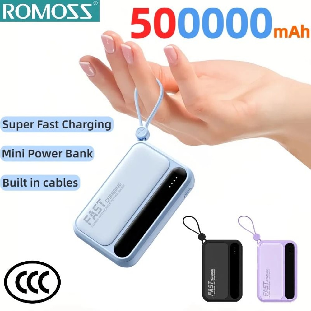 ROMOSS 500000mAh Power Bank 4in1 Large Capacity Portable Battery With BuiltIn Cables Digital Disp 0