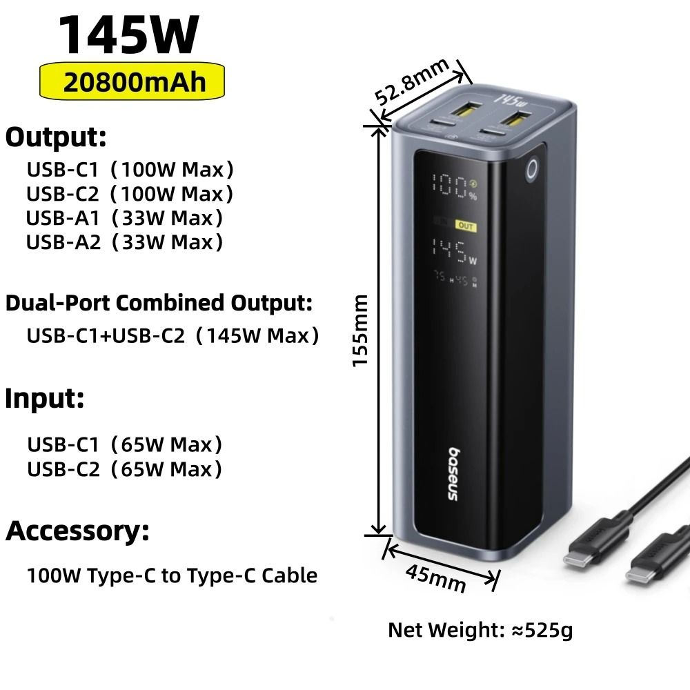 Baseus 65W PD30 Power Bank 30000mAh UltraHigh Capacity Fast Charger For Laptops IPhone 16 Tablets 9