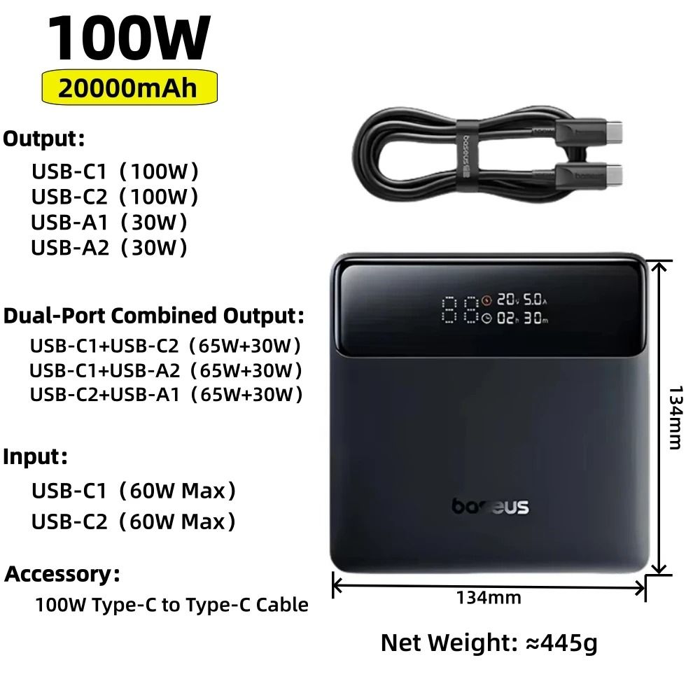 Baseus 65W PD30 Power Bank 30000mAh UltraHigh Capacity Fast Charger For Laptops IPhone 16 Tablets 6