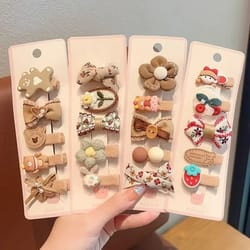5-piece korean aesthetic hair clip set – cute cartoon bear & bowknot hairpins for toddler girls in milk coffee tones