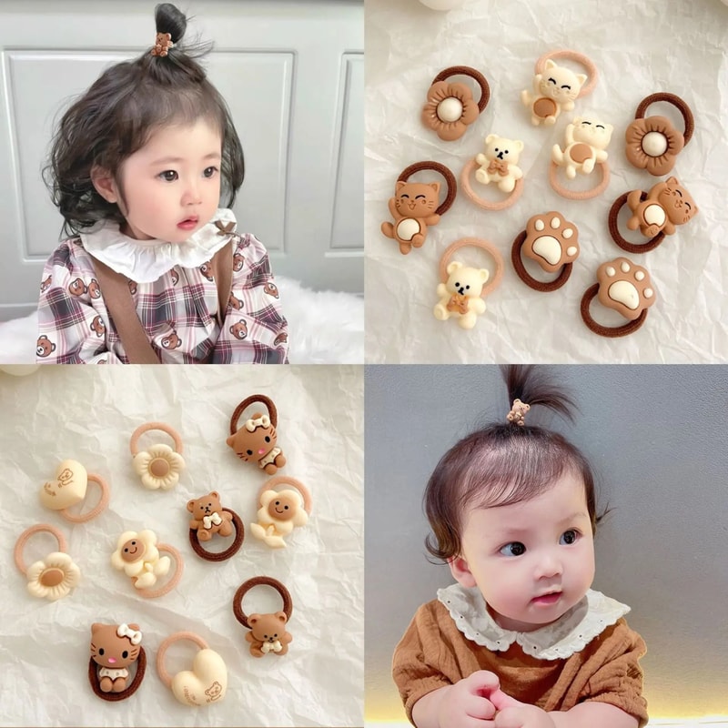 10Piece Baby Toddler Hair Tie Set NoHurt Elastic Mini Scrunchies With Cute Cartoon Bears Rabbits 3