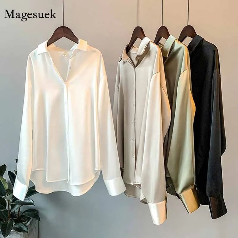 Vintage Satin Silk ButtonUp Shirt Elegant White Long Sleeve Blouse For Spring Fashion 0