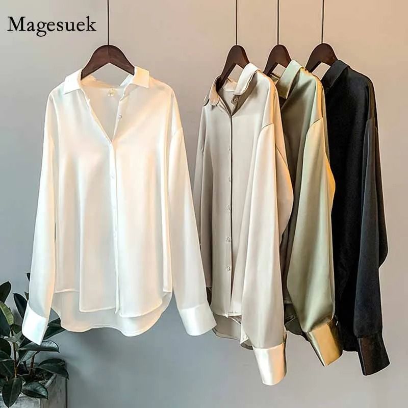 Vintage Satin Silk ButtonUp Shirt Elegant White Long Sleeve Blouse For Spring Fashion 0