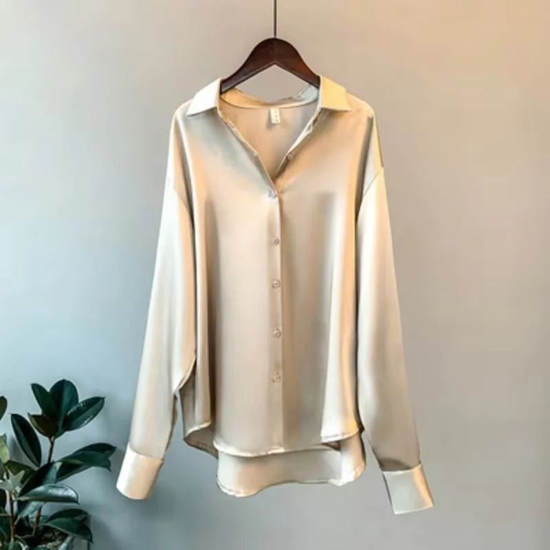 Vintage Satin Silk ButtonUp Shirt Elegant White Long Sleeve Blouse For Spring Fashion 13