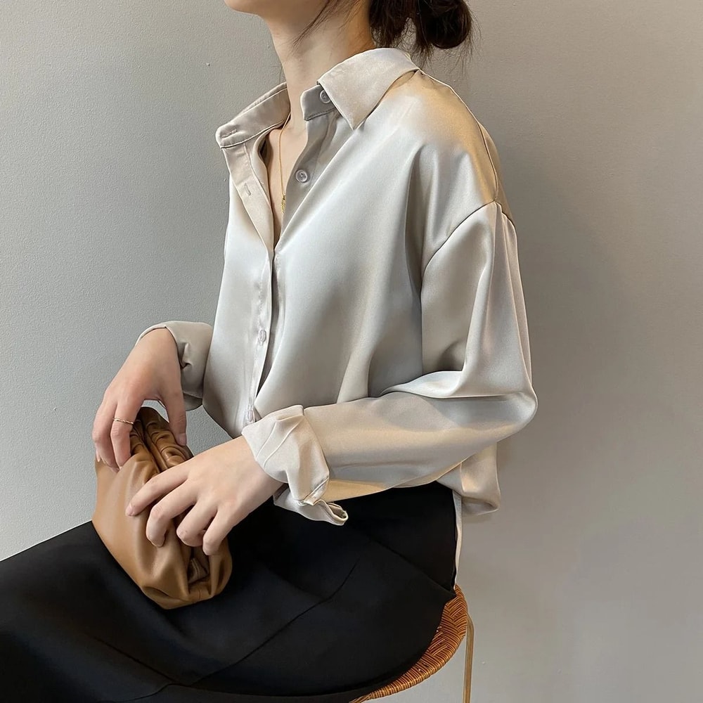 Vintage Satin Silk ButtonUp Shirt Elegant White Long Sleeve Blouse For Spring Fashion 3