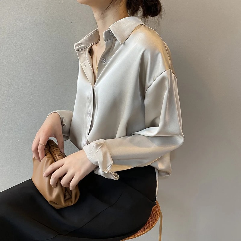 Vintage Satin Silk ButtonUp Shirt Elegant White Long Sleeve Blouse For Spring Fashion 3