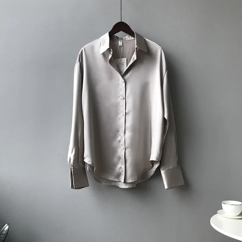 Vintage Satin Silk ButtonUp Shirt Elegant White Long Sleeve Blouse For Spring Fashion 8