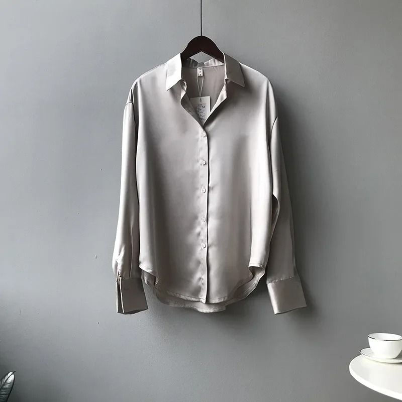 Vintage Satin Silk ButtonUp Shirt Elegant White Long Sleeve Blouse For Spring Fashion 8