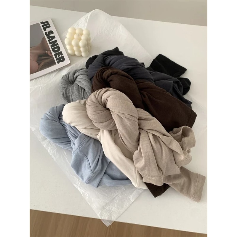 Silk Wool Splice Long Sleeve TShirt UltraSoft Waxy Fit Solid Color Backing Top For Spring Summer 0