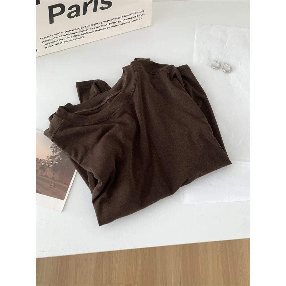 Silk Wool Splice Long Sleeve TShirt UltraSoft Waxy Fit Solid Color Backing Top For Spring Summer 13