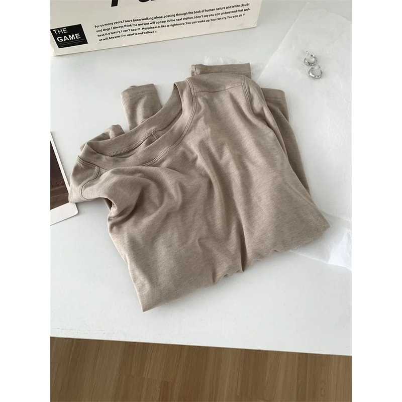 Silk Wool Splice Long Sleeve TShirt UltraSoft Waxy Fit Solid Color Backing Top For Spring Summer 14