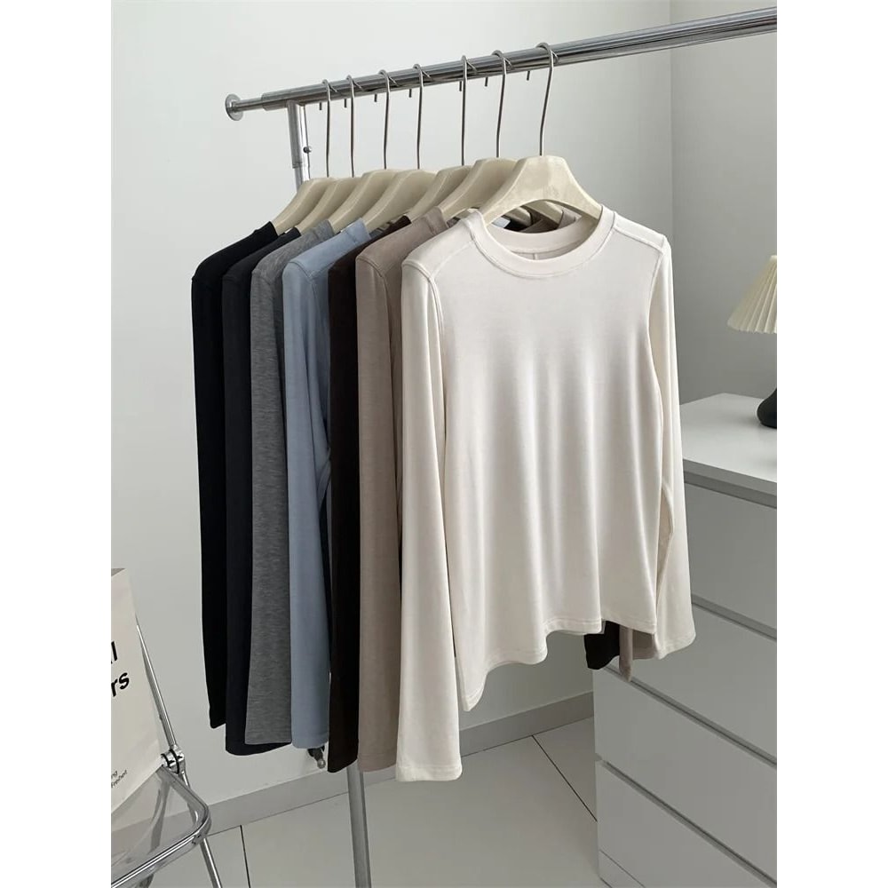Silk Wool Splice Long Sleeve TShirt UltraSoft Waxy Fit Solid Color Backing Top For Spring Summer 2