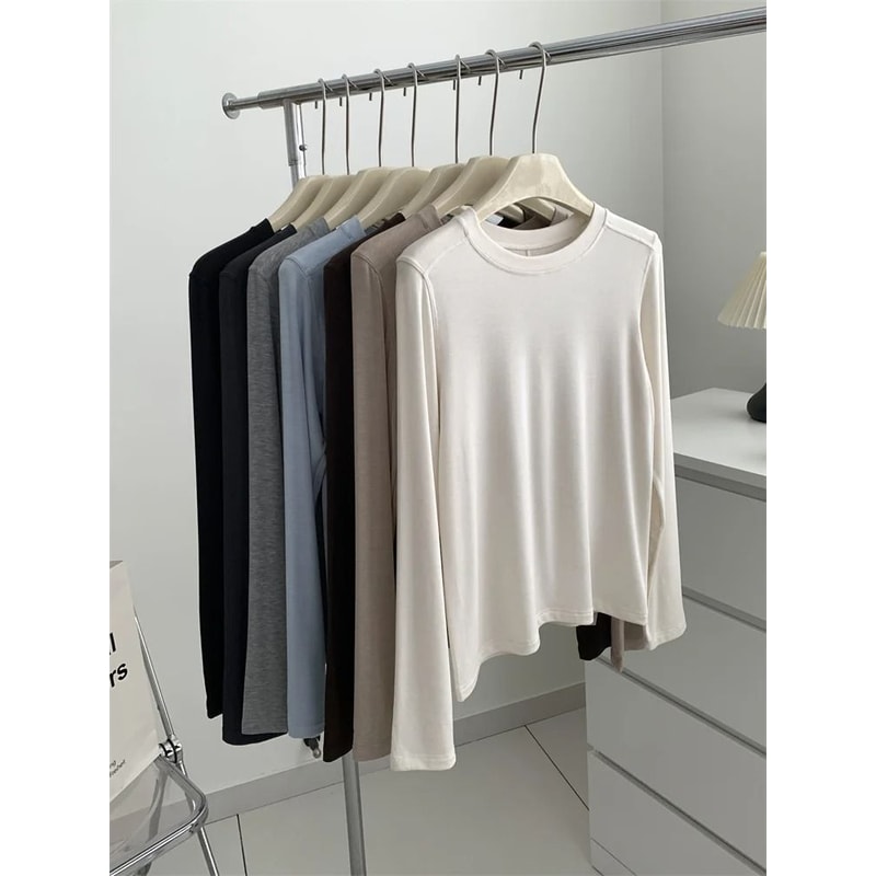 Silk Wool Splice Long Sleeve TShirt UltraSoft Waxy Fit Solid Color Backing Top For Spring Summer 2
