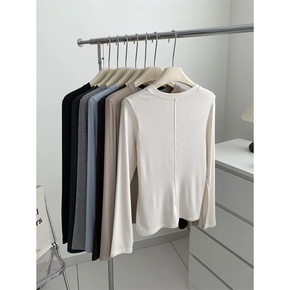 Silk Wool Splice Long Sleeve TShirt UltraSoft Waxy Fit Solid Color Backing Top For Spring Summer 4