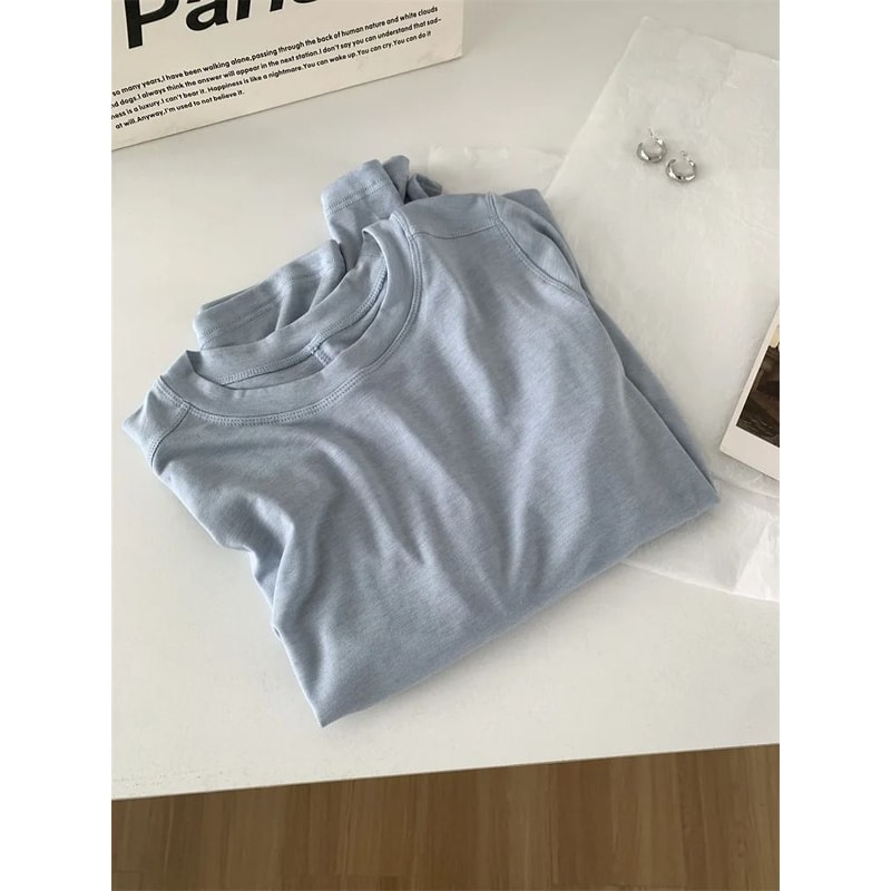 Silk Wool Splice Long Sleeve TShirt UltraSoft Waxy Fit Solid Color Backing Top For Spring Summer 6