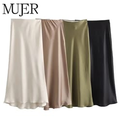 mujer woman 2025 high waist satin midi skirt – elegant black summer long skirt for office & professional wear