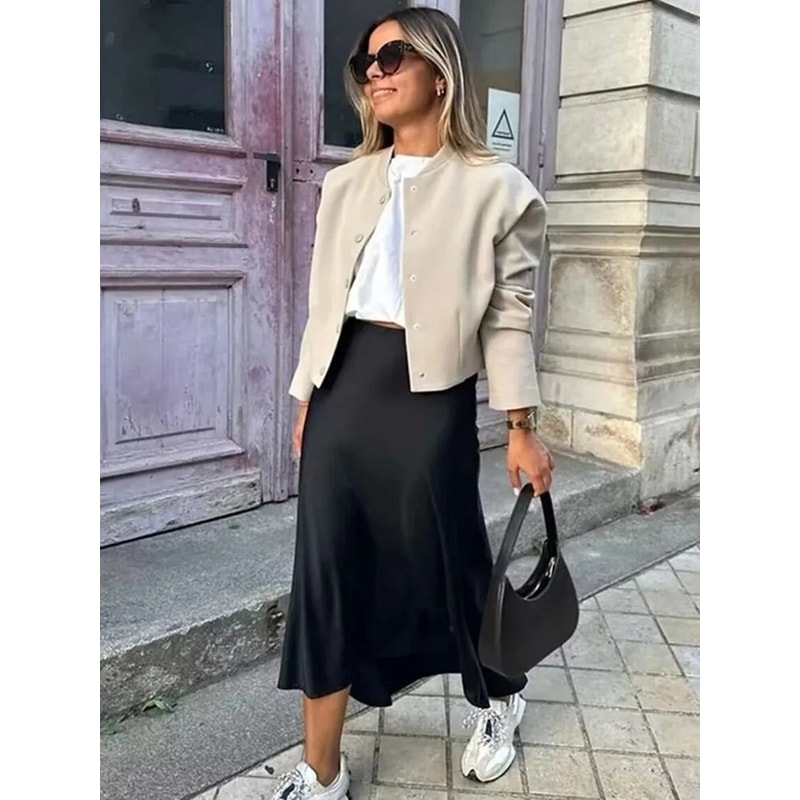 MUJER Woman 2025 High Waist Satin Midi Skirt Elegant Black Summer Long Skirt For Office Professio 1