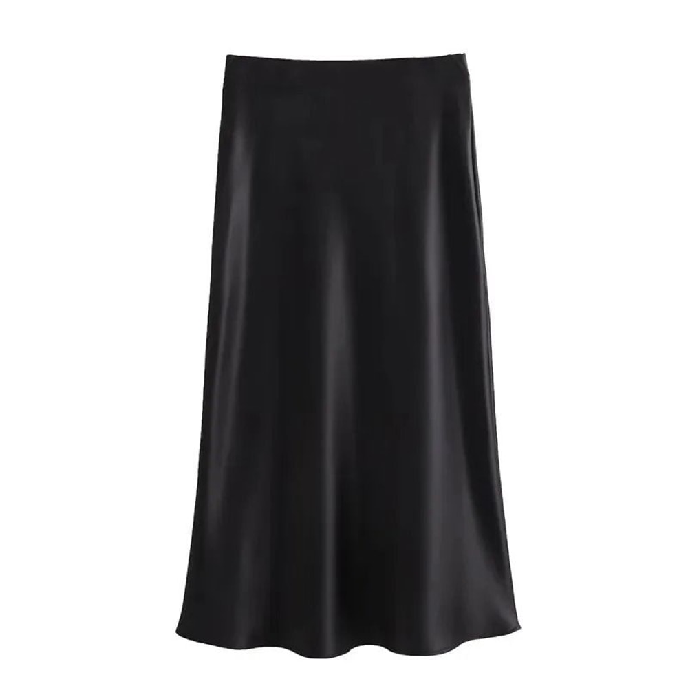 MUJER Woman 2025 High Waist Satin Midi Skirt Elegant Black Summer Long Skirt For Office Professio 7