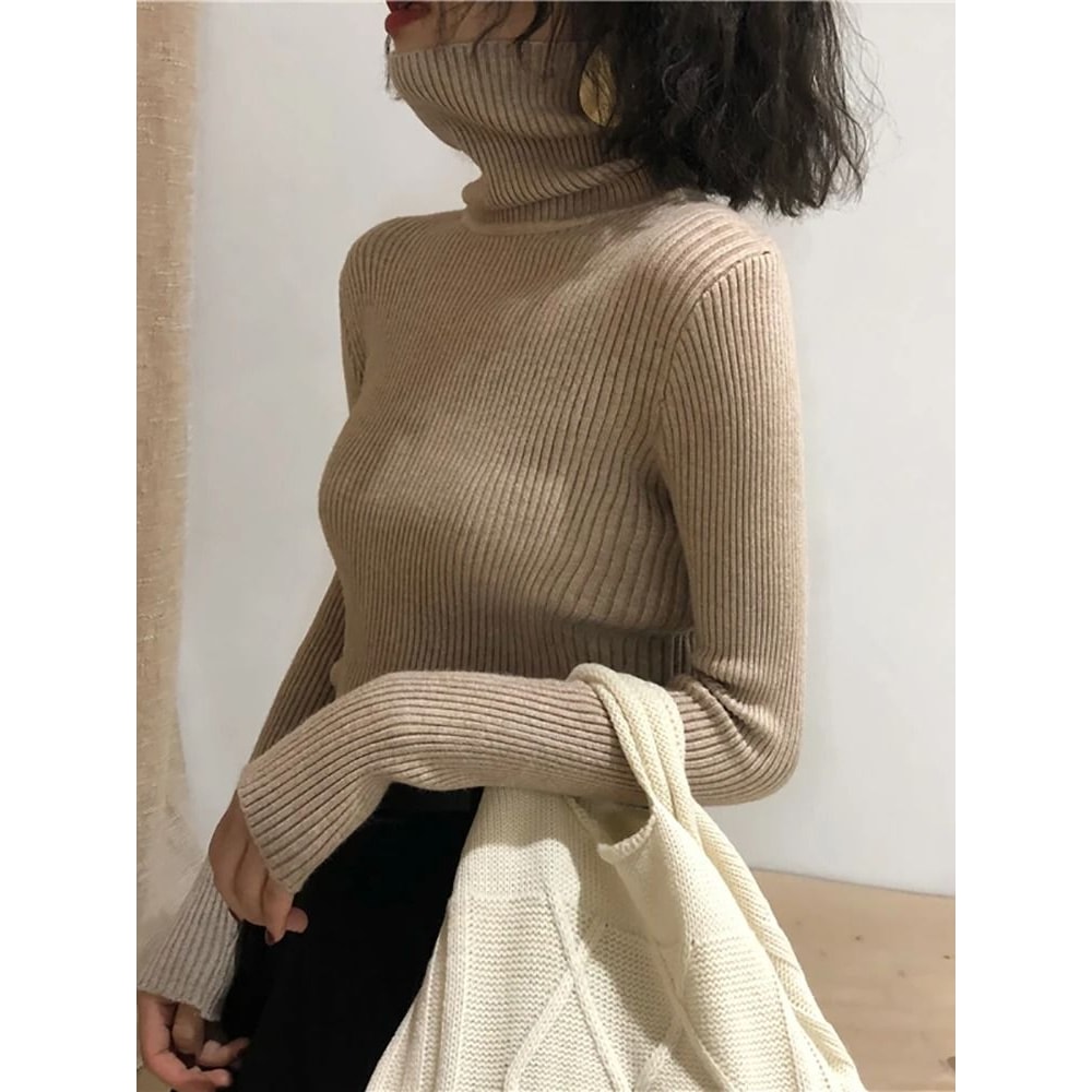 Korean Slim Turtleneck Sweater 2025 AutumnWinter RibKnit Pullover Jumper For Women 4