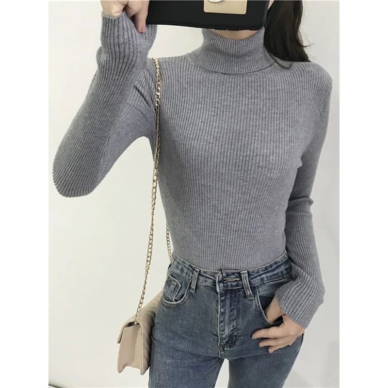 Korean Slim Turtleneck Sweater 2025 AutumnWinter RibKnit Pullover Jumper For Women 11