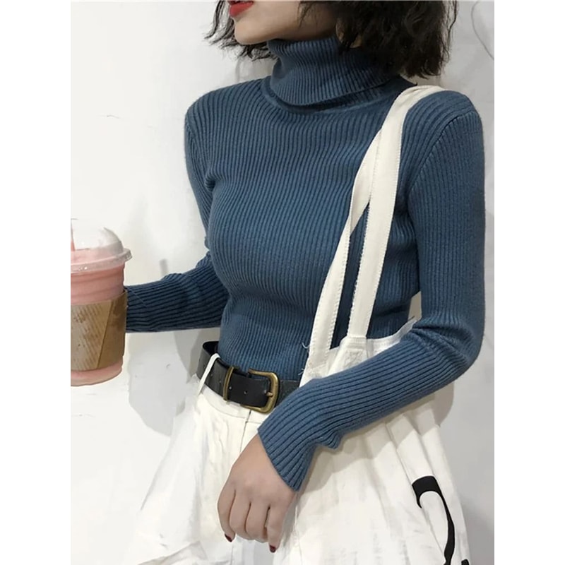 Korean Slim Turtleneck Sweater 2025 AutumnWinter RibKnit Pullover Jumper For Women 12