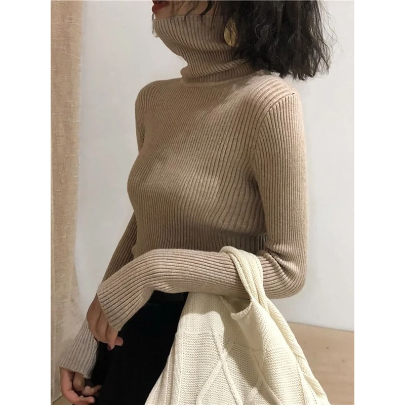 Korean Slim Turtleneck Sweater 2025 AutumnWinter RibKnit Pullover Jumper For Women 13