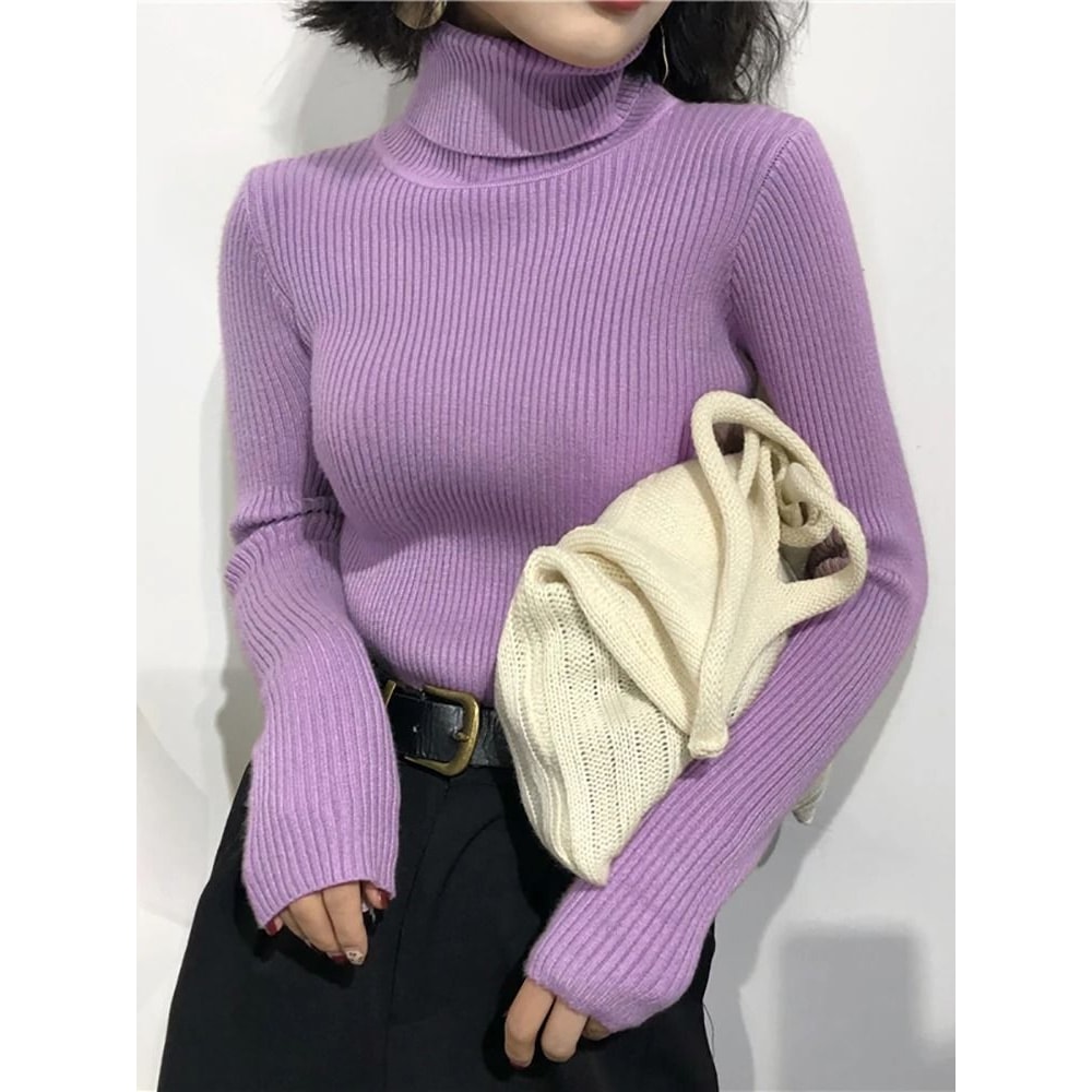 Korean Slim Turtleneck Sweater 2025 AutumnWinter RibKnit Pullover Jumper For Women 14