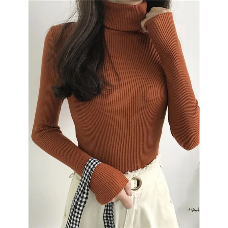 Korean Slim Turtleneck Sweater 2025 AutumnWinter RibKnit Pullover Jumper For Women 19