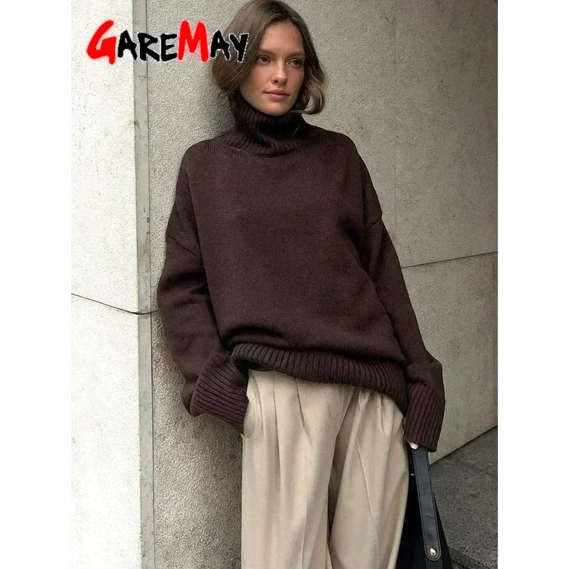 Autumn Oversized HighCollar Knitted Sweater Vintage Soft Pullover For Winter Warmth 4