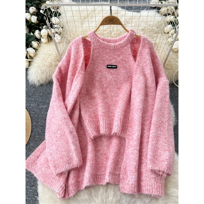 SINGREINY Fashion Solid Cashmere 2Piece Set Loose Warm Cardigan Sleeveless Knitting Tank Top 0