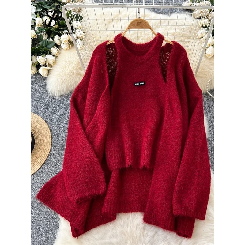 SINGREINY Fashion Solid Cashmere 2Piece Set Loose Warm Cardigan Sleeveless Knitting Tank Top 3