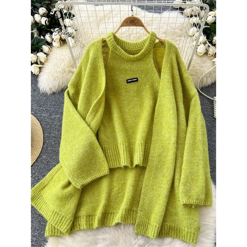 SINGREINY Fashion Solid Cashmere 2Piece Set Loose Warm Cardigan Sleeveless Knitting Tank Top 4