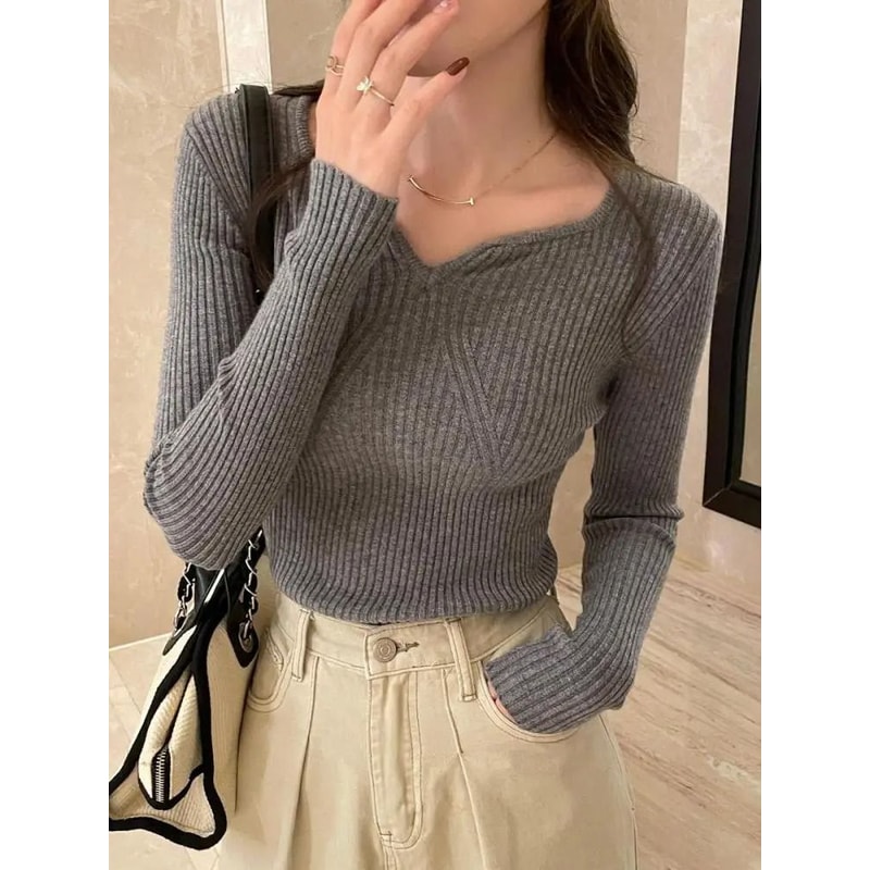 2025 Basic VNeck Chic Pullover Slim Ribbed Knitted Sweater For Autumn Winter 10