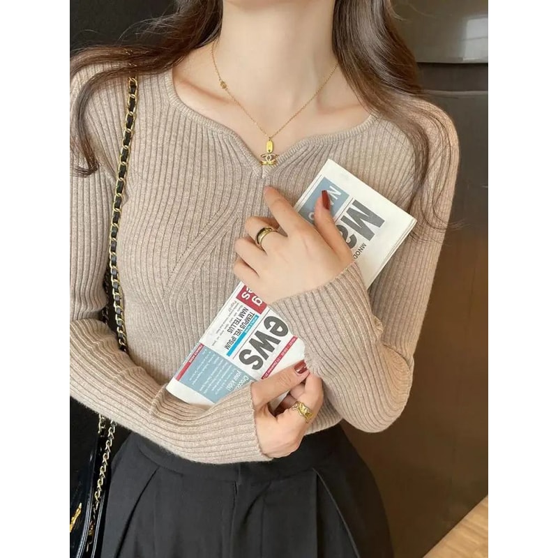 2025 Basic VNeck Chic Pullover Slim Ribbed Knitted Sweater For Autumn Winter 6