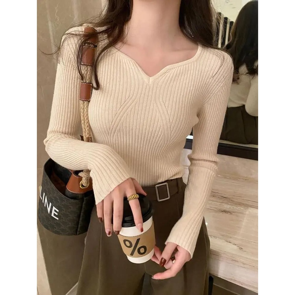 2025 Basic VNeck Chic Pullover Slim Ribbed Knitted Sweater For Autumn Winter 8