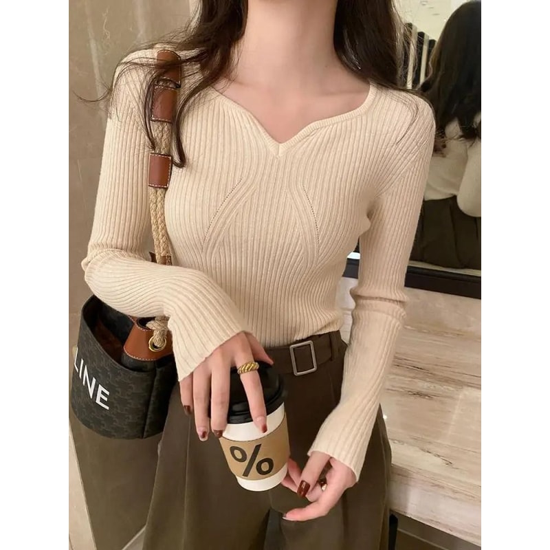 2025 Basic VNeck Chic Pullover Slim Ribbed Knitted Sweater For Autumn Winter 8