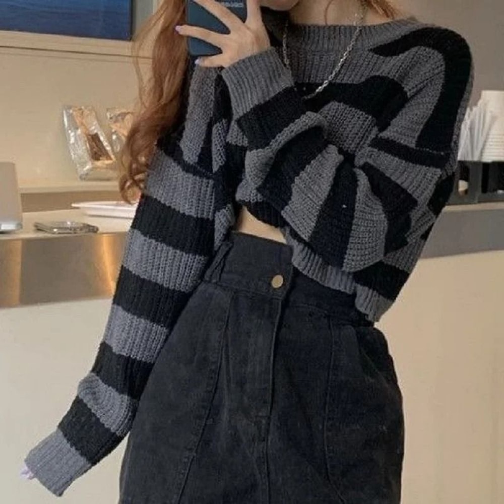 Korean Style Striped Cropped Sweater Vintage Oversized Knit Jumper For Autumn Winter 1