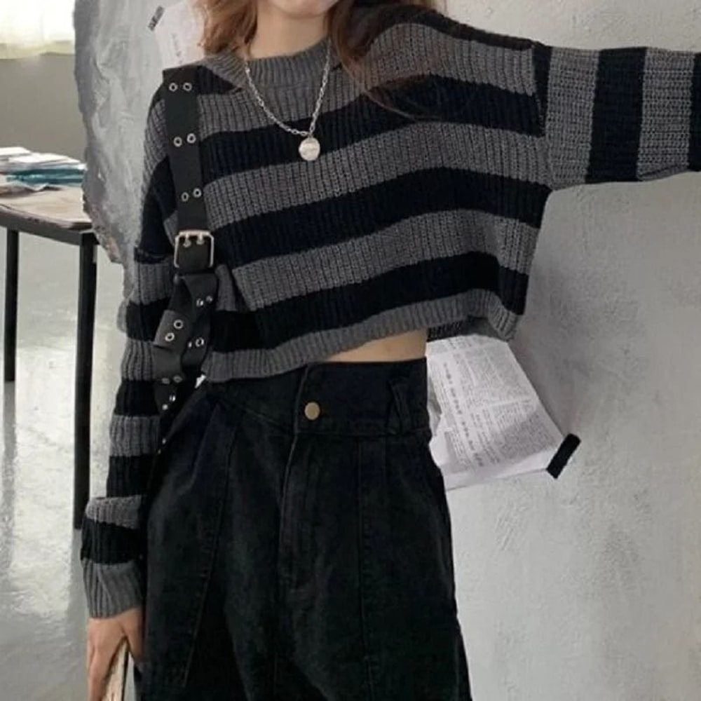 Korean Style Striped Cropped Sweater Vintage Oversized Knit Jumper For Autumn Winter 4