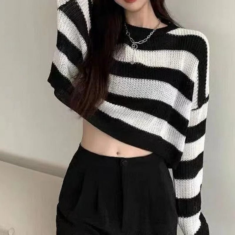 Korean Style Striped Cropped Sweater Vintage Oversized Knit Jumper For Autumn Winter 5