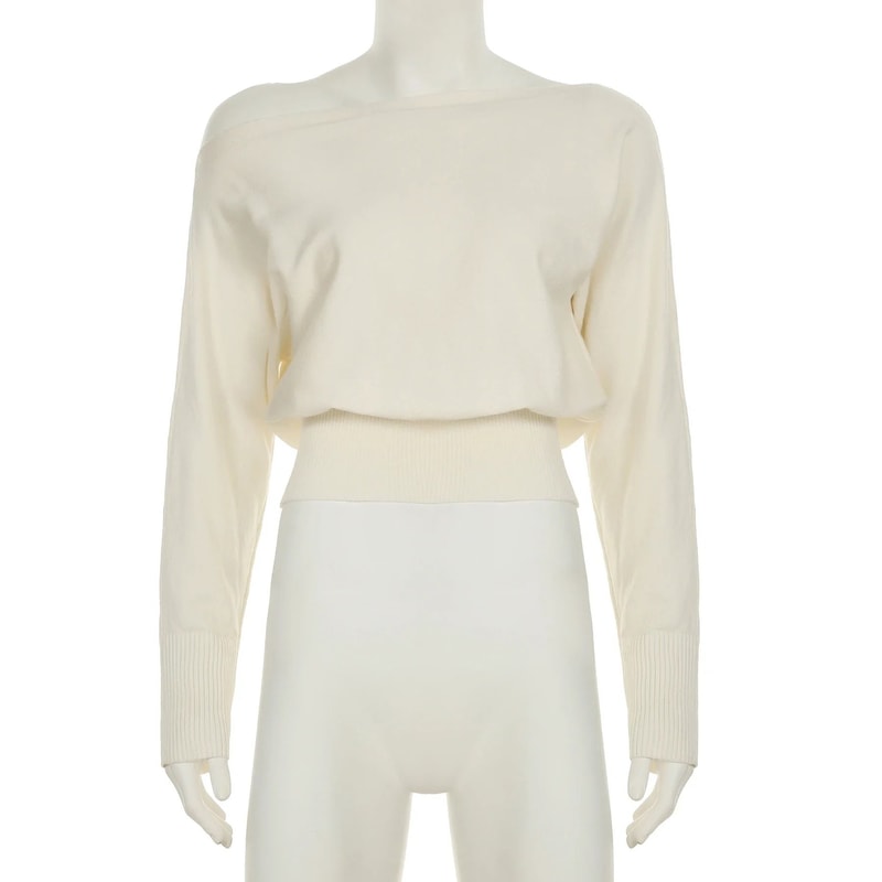 Womens Solid OffShoulder Knit Sweater Elegant Slash Neck Loose Pullover For Autumn Winter 3