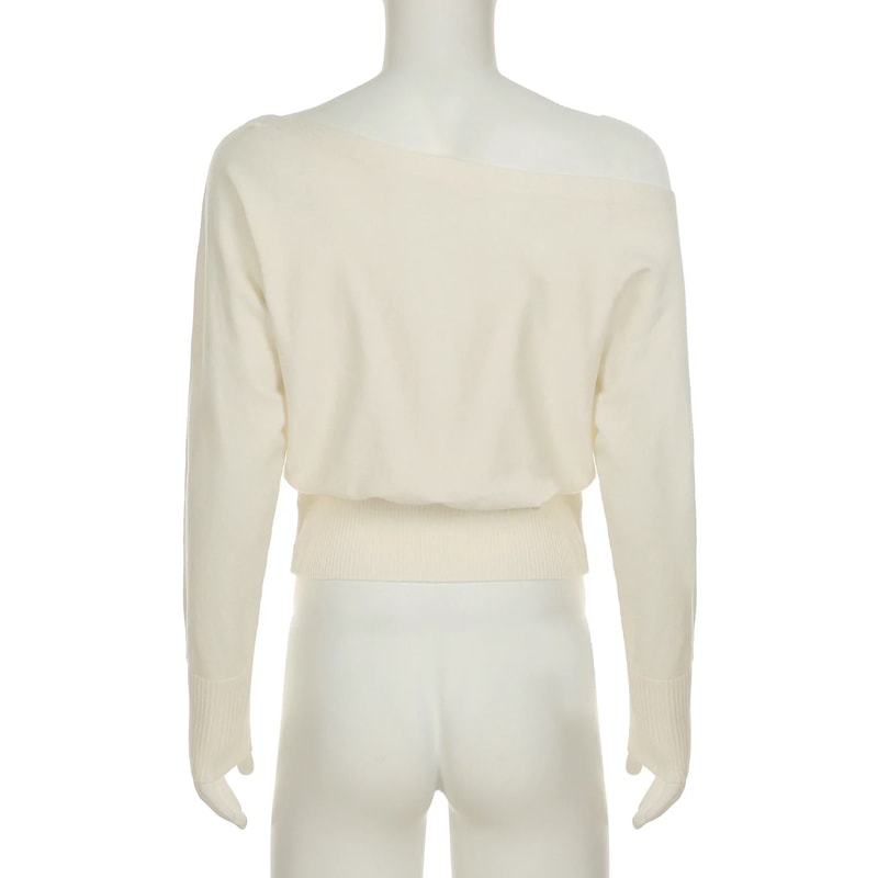 Womens Solid OffShoulder Knit Sweater Elegant Slash Neck Loose Pullover For Autumn Winter 5