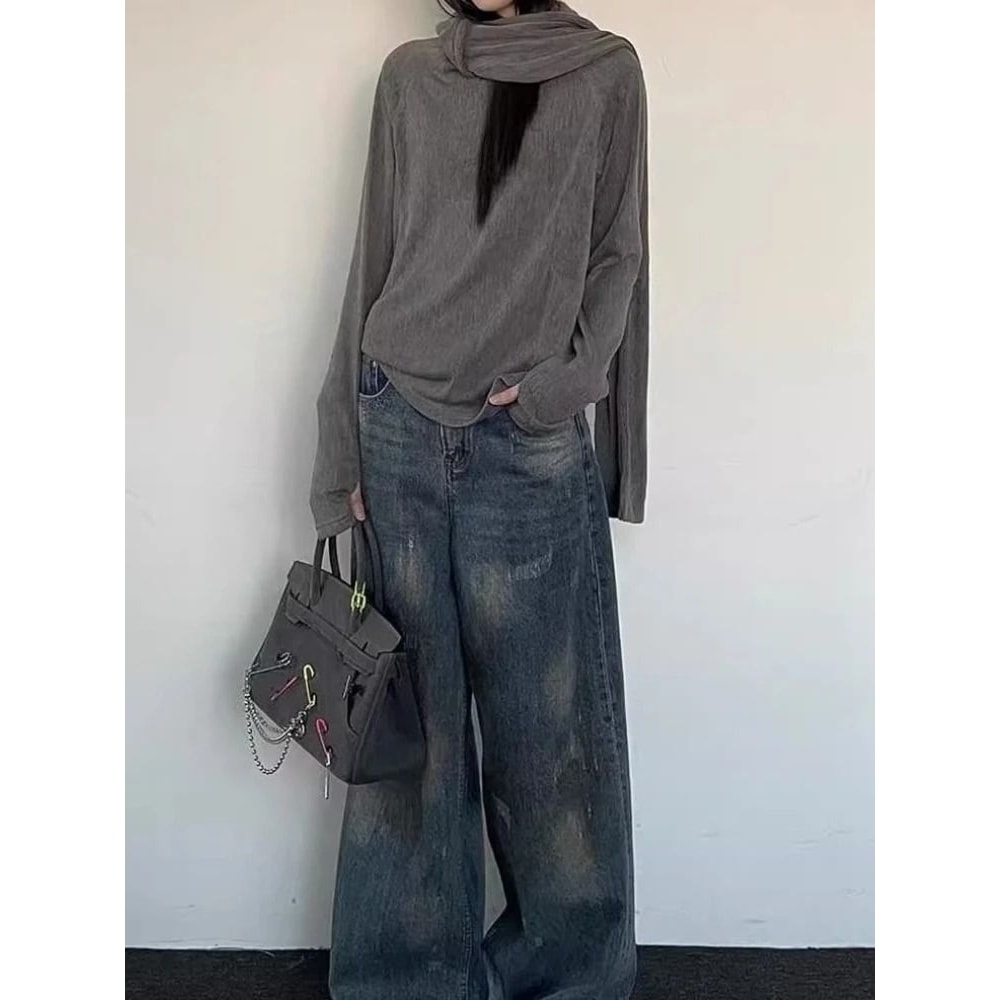 2000s Korean Fashion Slim Batwing Sweater Y2K Subculture Pure Color Pullover For Autumn Winter 4